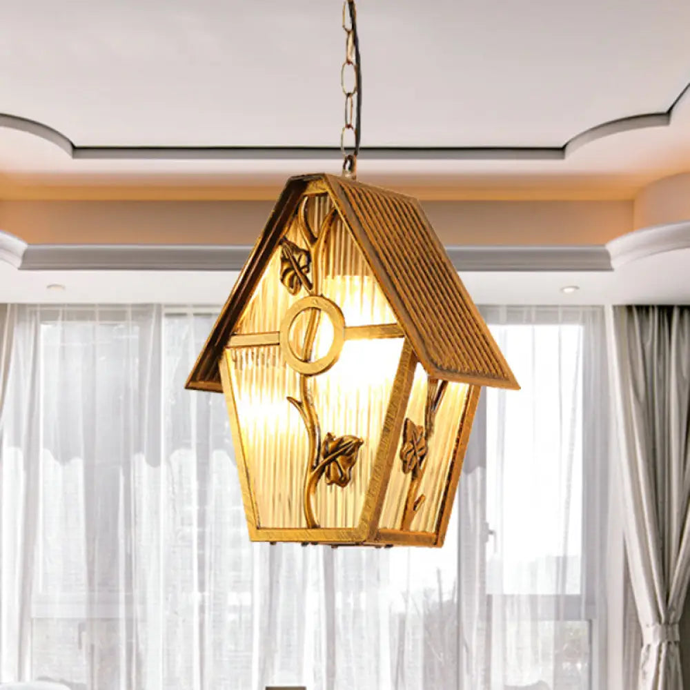 Country House Shape Hanging Light Kit With Aluminum Brass Finish 1-Bulb Ceiling Suspension Lamp And