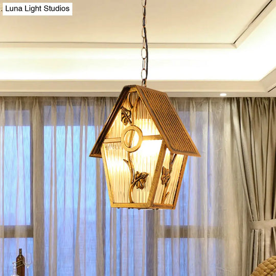 Country House Shape Hanging Light Kit With Aluminum Brass Finish 1-Bulb Ceiling Suspension Lamp And