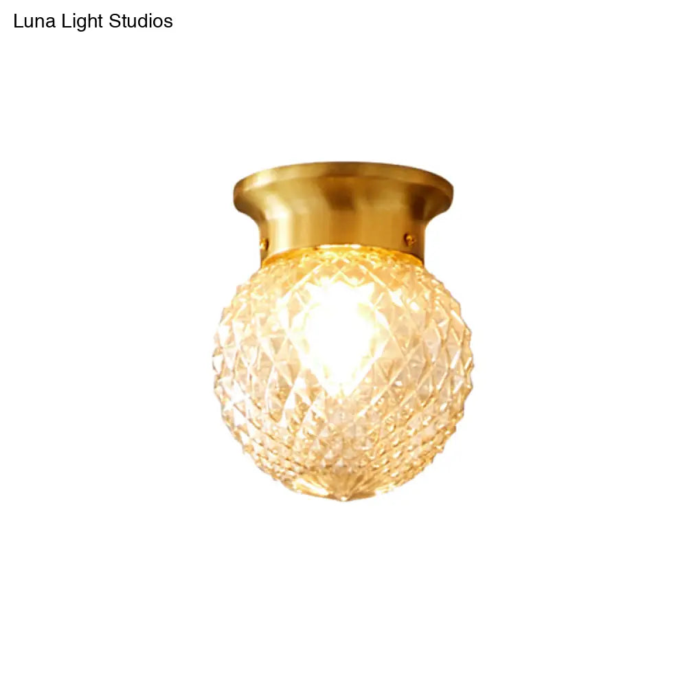 Country-Inspired Brass Flush Mount With Lattice Glass Shade For Hallways And Ceilings