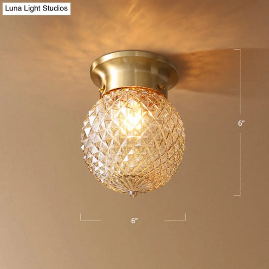 Country-Inspired Brass Flush Mount With Lattice Glass Shade For Hallways And Ceilings