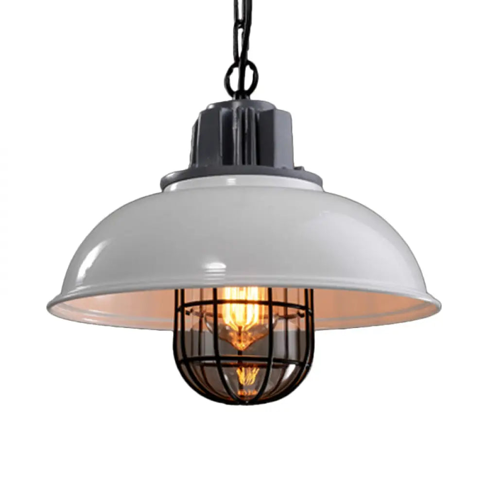 Country Iron 1-Light Pendant Lamp With Cage And Inner Glass Shade - Bowl Bistro Hanging Light Kit