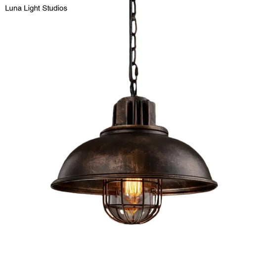 Country Iron 1-Light Pendant Lamp With Cage And Inner Glass Shade - Bowl Bistro Hanging Light Kit