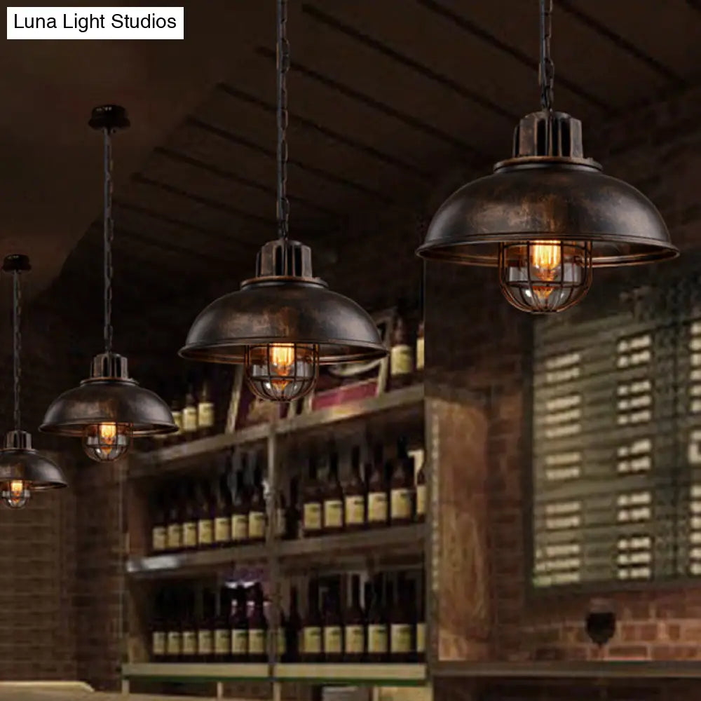 Bowl Bistro Hanging Light Kit - Rustic Iron Pendant Lamp With Cage And Inner Glass Shade Rust