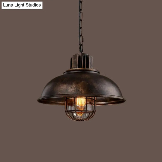 Bowl Bistro Hanging Light Kit - Rustic Iron Pendant Lamp With Cage And Inner Glass Shade