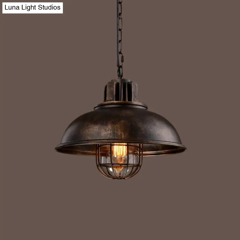 Country Iron 1-Light Pendant Lamp With Cage And Inner Glass Shade - Bowl Bistro Hanging Light Kit