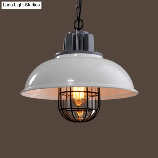 Country Iron 1-Light Pendant Lamp With Cage And Inner Glass Shade - Bowl Bistro Hanging Light Kit