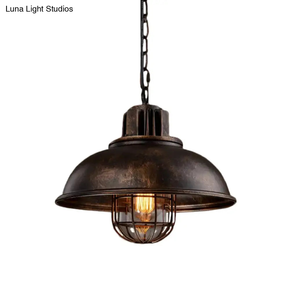 Bowl Bistro Hanging Light Kit - Rustic Iron Pendant Lamp With Cage And Inner Glass Shade