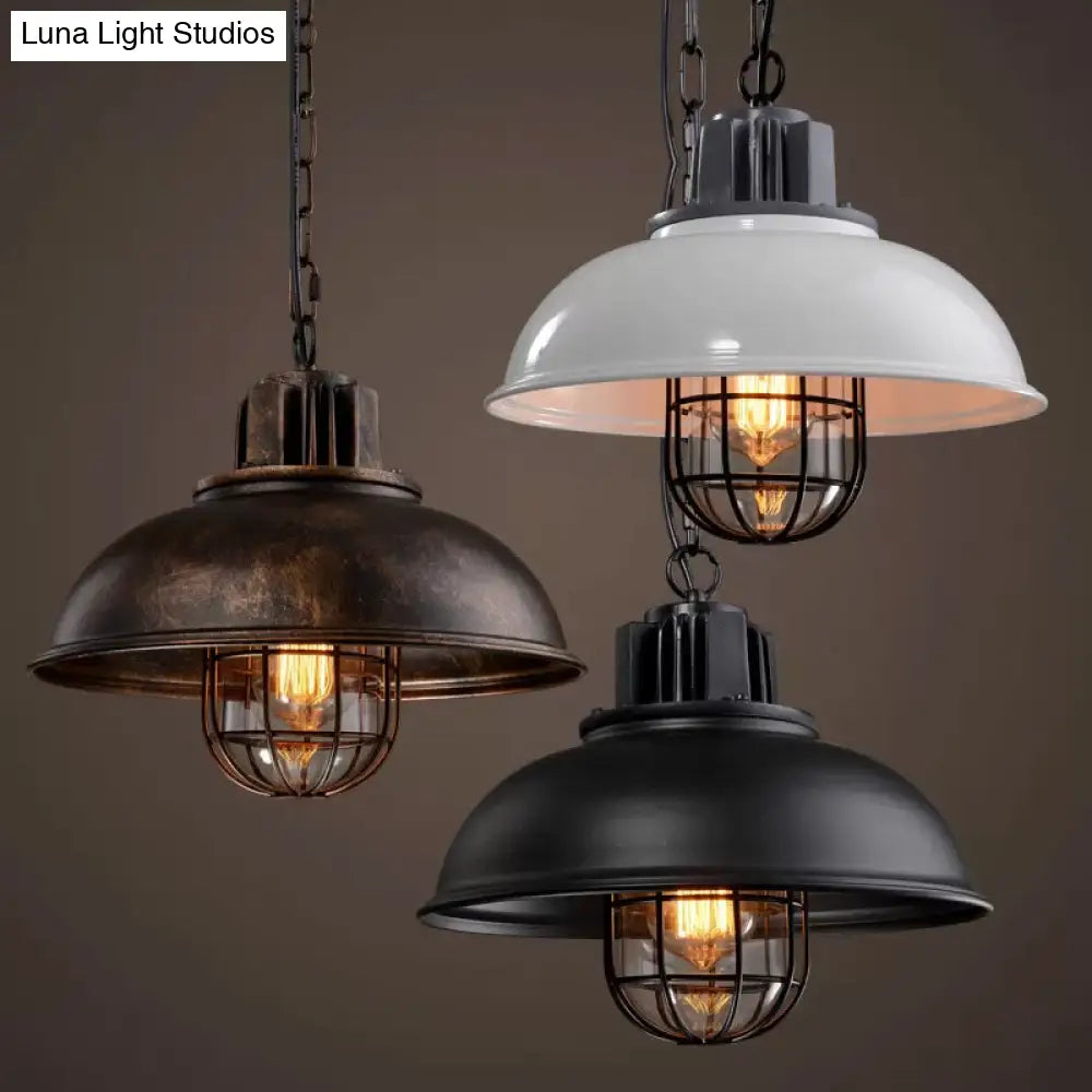 Country Iron 1-Light Pendant Lamp With Cage And Inner Glass Shade - Bowl Bistro Hanging Light Kit