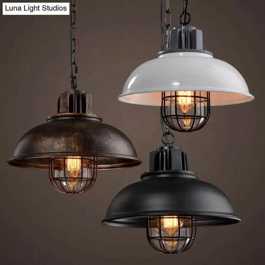 Country Iron 1-Light Pendant Lamp With Cage And Inner Glass Shade - Bowl Bistro Hanging Light Kit