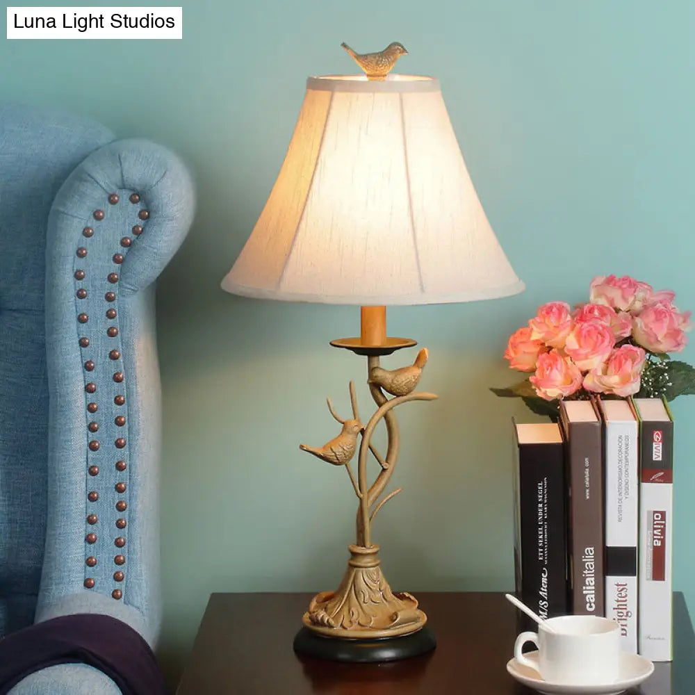 Country Khaki Table Lamp With Flared Fabric Shade - Charming Twig And Bird Accents