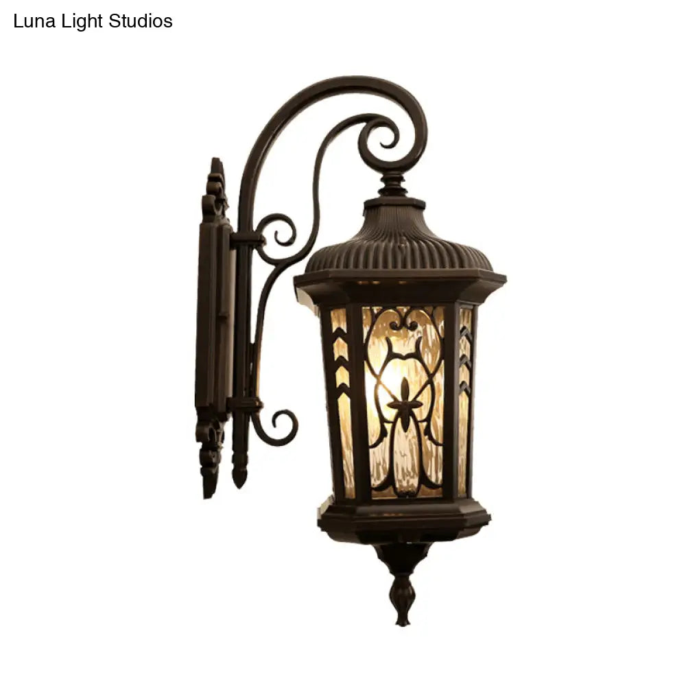 Country Lantern 1-Head Wall Sconce In Black With Water Glass Shade Metallic Mounted Lamp