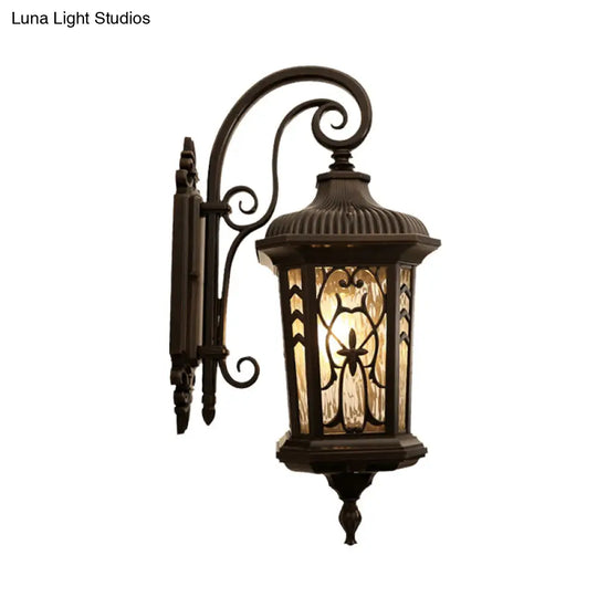 Country Lantern 1-Head Wall Sconce In Black With Water Glass Shade Metallic Mounted Lamp