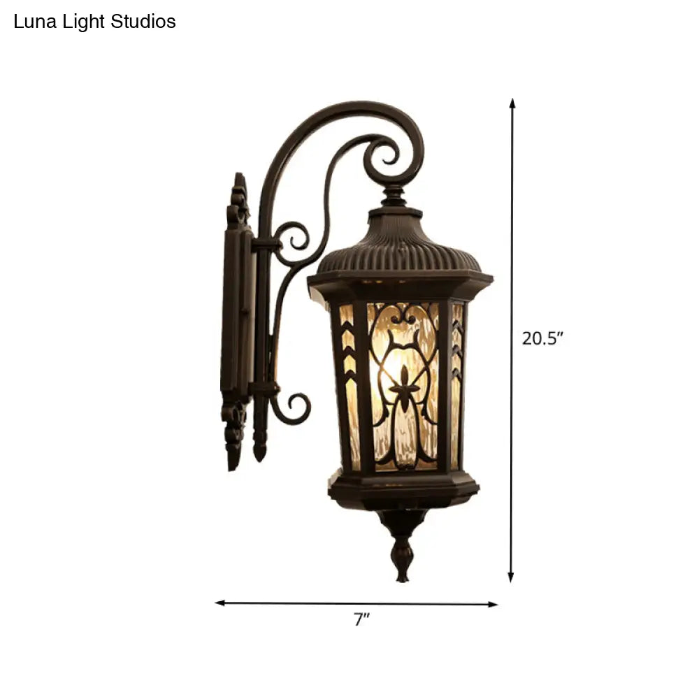 Country Lantern 1-Head Wall Sconce In Black With Water Glass Shade Metallic Mounted Lamp