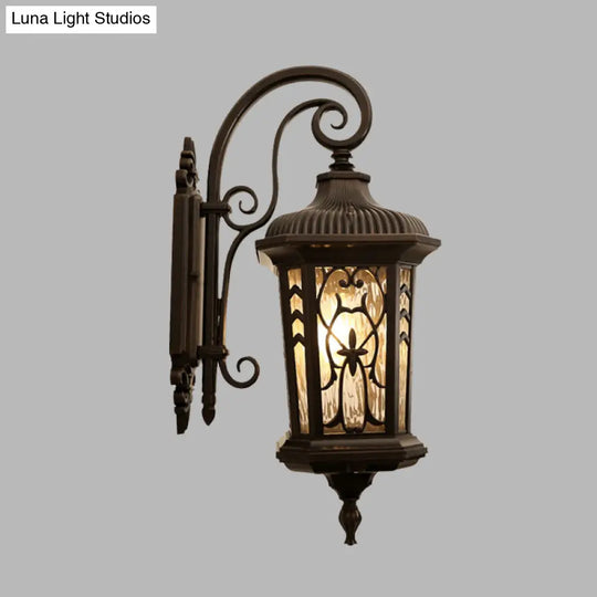 Country Lantern 1-Head Wall Sconce In Black With Water Glass Shade Metallic Mounted Lamp