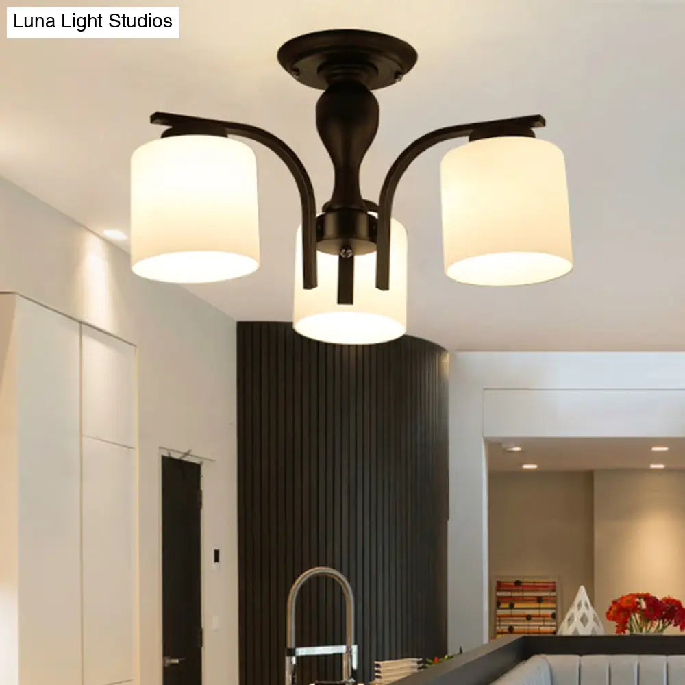 Country Living Room Chandelier With Milk Glass Shade - Semi Flush Mount Ceiling Light In Black