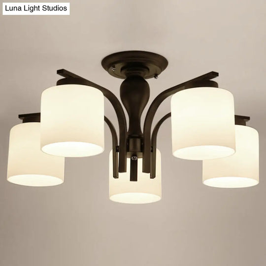 Country Living Room Chandelier With Milk Glass Shade - Semi Flush Mount Ceiling Light In Black 5 /
