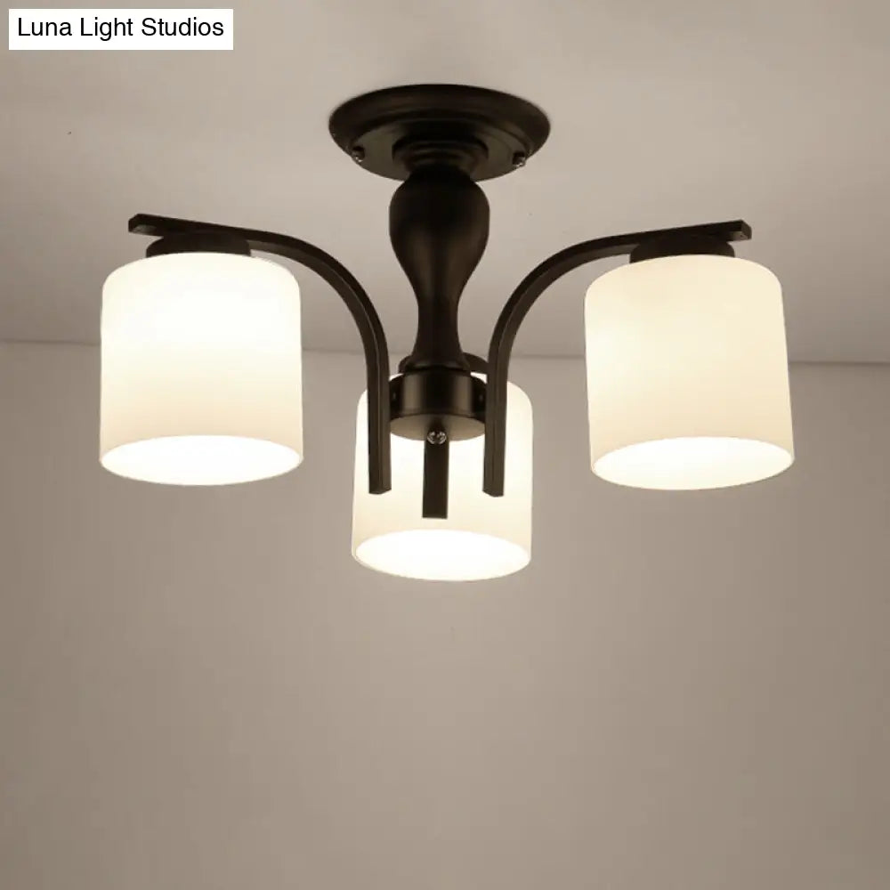 Country Living Room Chandelier With Milk Glass Shade - Semi Flush Mount Ceiling Light In Black 3 /