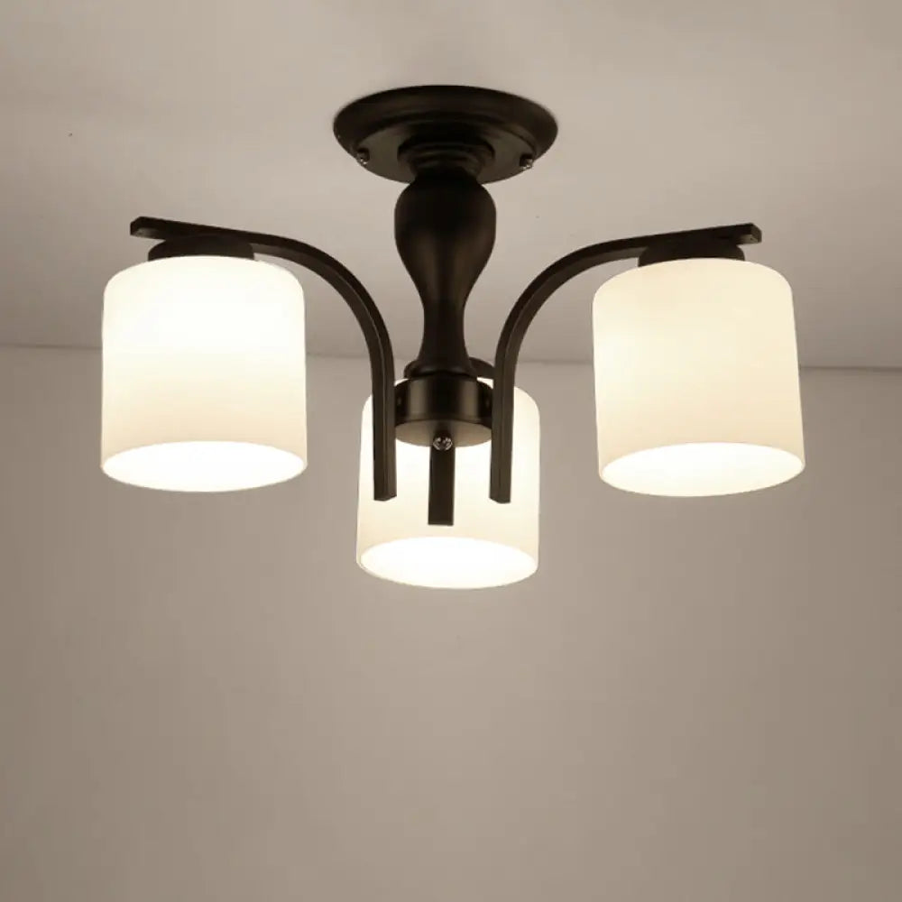 Country Living Room Chandelier With Milk Glass Shade - Semi Flush Mount Ceiling Light In Black 3 /
