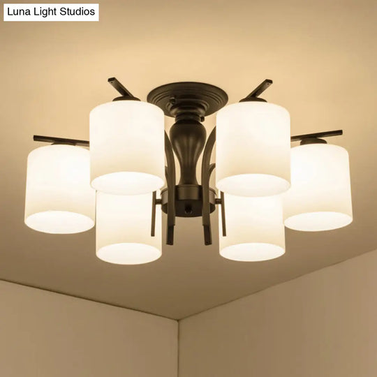 Country Living Room Chandelier With Milk Glass Shade - Semi Flush Mount Ceiling Light In Black 6 /