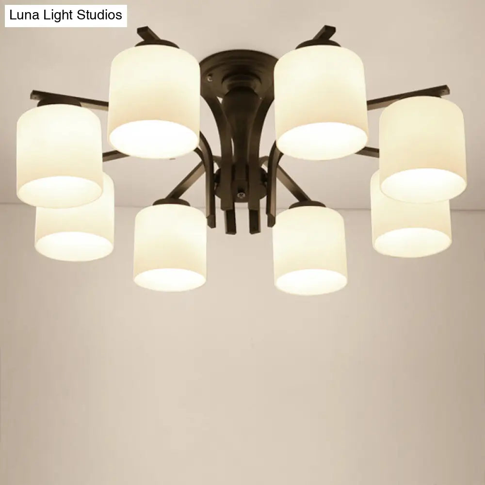 Country Living Room Chandelier With Milk Glass Shade - Semi Flush Mount Ceiling Light In Black 8 /