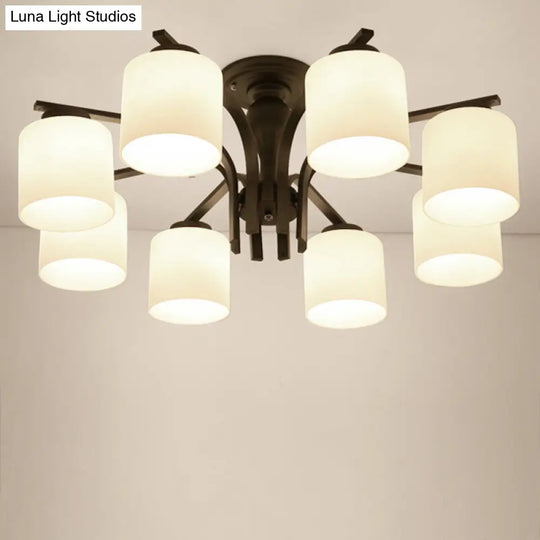 Country Living Room Chandelier With Milk Glass Shade - Semi Flush Mount Ceiling Light In Black 8 /