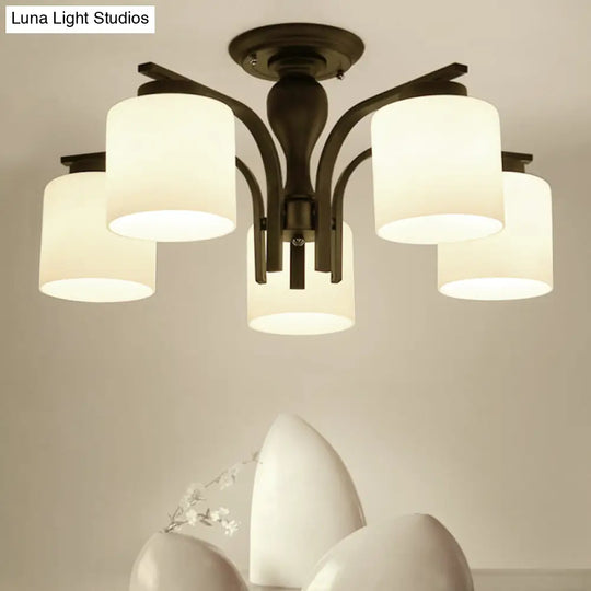 Country Living Room Chandelier With Milk Glass Shade - Semi Flush Mount Ceiling Light In Black