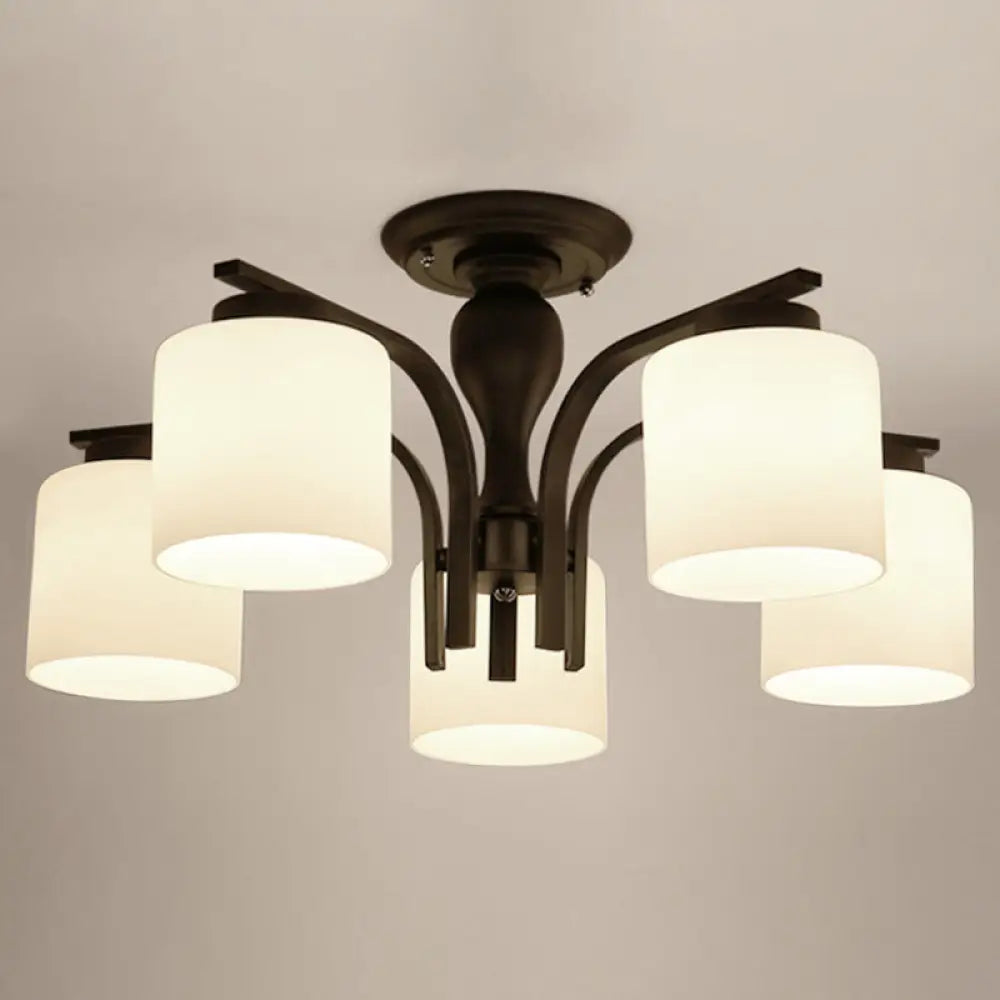 Country Living Room Chandelier With Milk Glass Shade - Semi Flush Mount Ceiling Light In Black 5 /