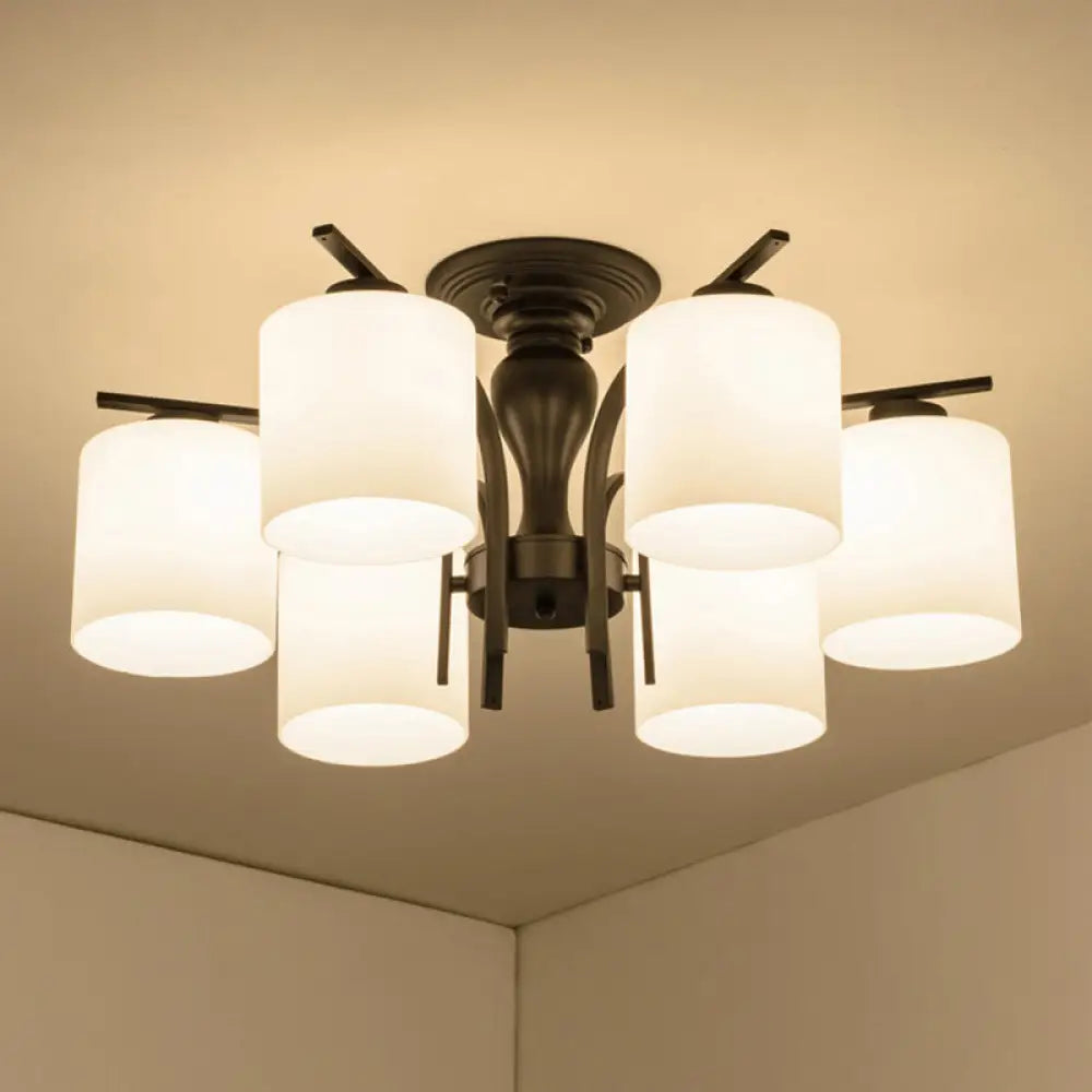 Country Living Room Chandelier With Milk Glass Shade - Semi Flush Mount Ceiling Light In Black 6 /