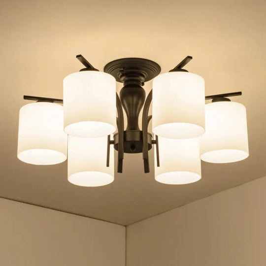 Country Living Room Chandelier With Milk Glass Shade - Semi Flush Mount Ceiling Light In Black 6 /