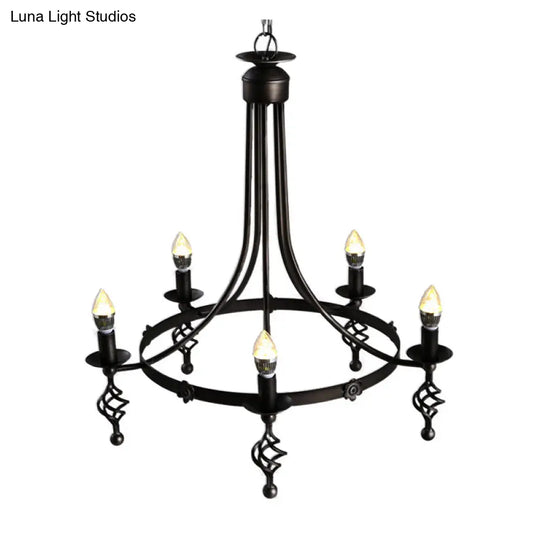 Country Metal 5-Light Round Chandelier: Black Hanging Pendant Lamp For Bedroom