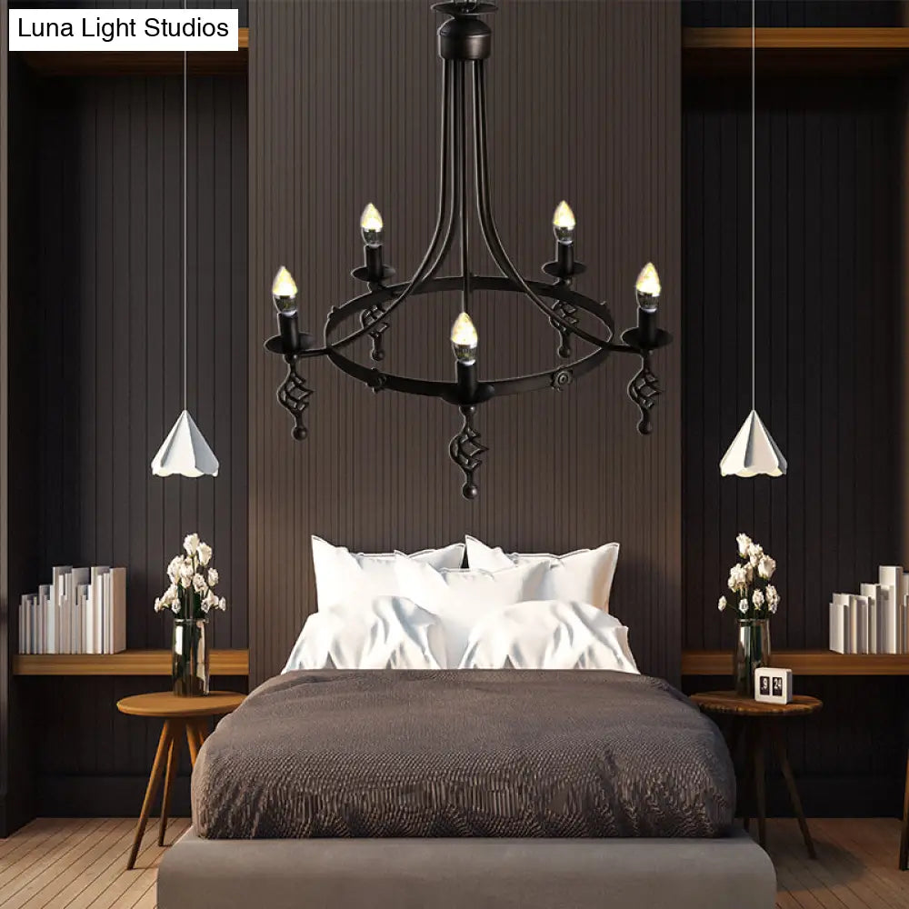 Country Metal 5-Light Round Chandelier: Black Hanging Pendant Lamp For Bedroom