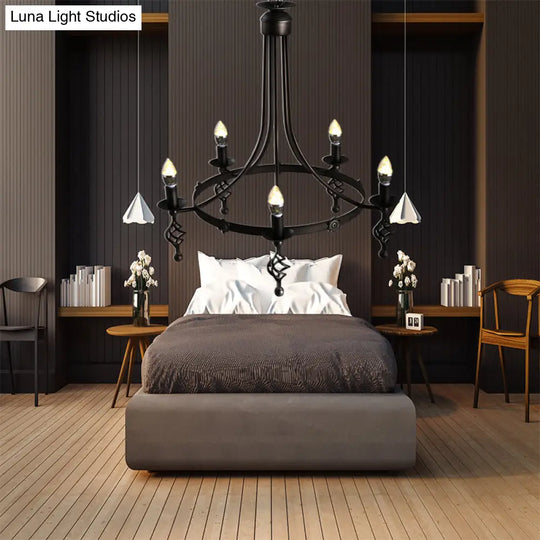 Country Metal 5-Light Round Chandelier: Black Hanging Pendant Lamp For Bedroom