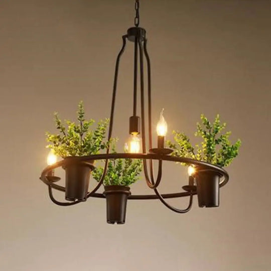 Country Metallic 4-Light Green Pendant Chandelier With Leaf Decoration - Circle Dining Room Light /