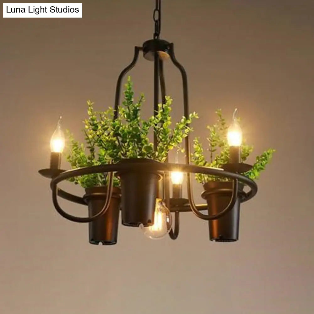 Country Metallic 4-Light Green Pendant Chandelier With Leaf Decoration - Circle Dining Room Light