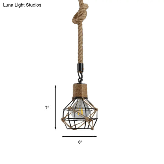 Country Metallic Pendant Light With Rope - Dome Cage Design For Restaurant Ceilings