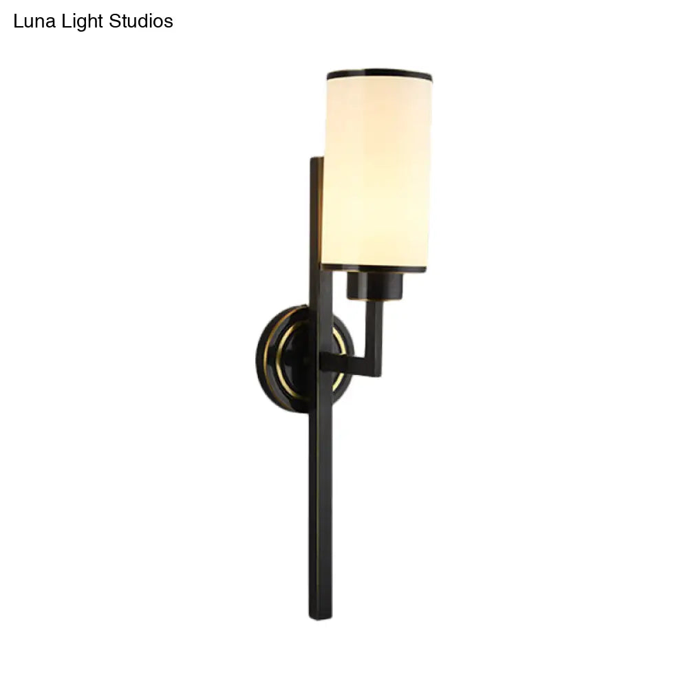 Country Opal Glass Cylindrical Wall Lamp - Black Single Bulb Lighting Fixture For Living Room