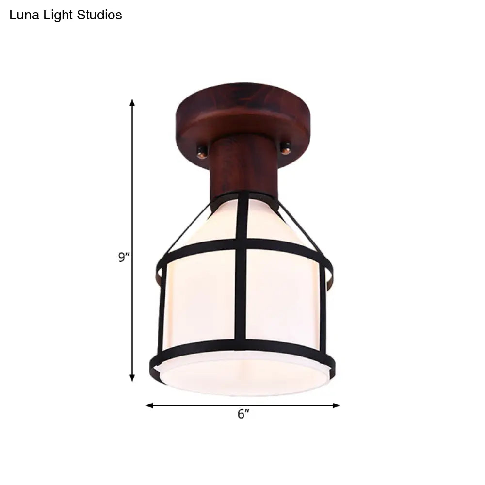 Country Opal Glass Dome Ceiling Light Fixture With Cage - Brown Flush Mount Lamp