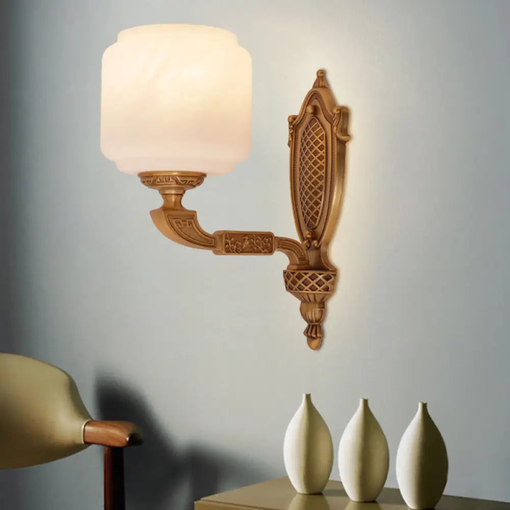 Country Opal Glass Lantern Wall Sconce - Brass 1-Bulb Light Fixture