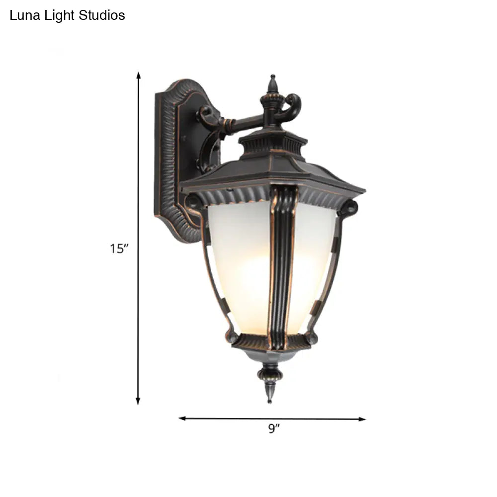 Country Outdoor Wall Sconce: 1-Light Black Lamp With Translucent Urn Glass Shade