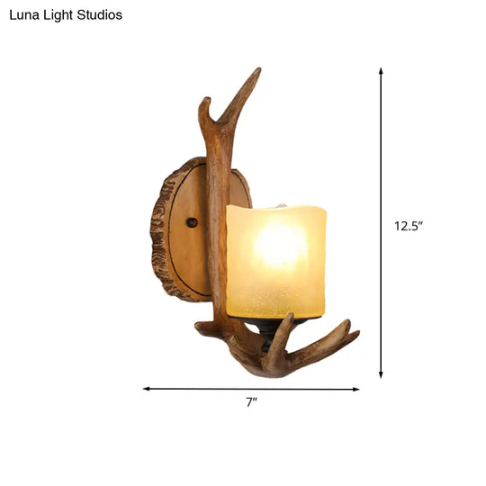 Country Resin Antler Wall Sconce - Wood Finish Frosted Glass Shade Ideal For Living Room Lighting