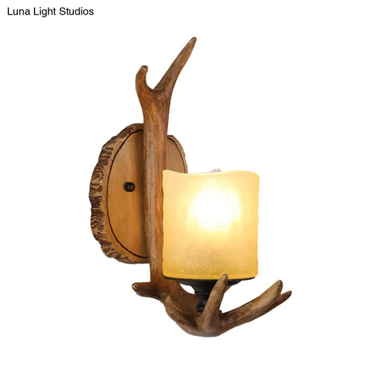 Country Resin Antler Wall Sconce - Wood Finish Frosted Glass Shade Ideal For Living Room Lighting