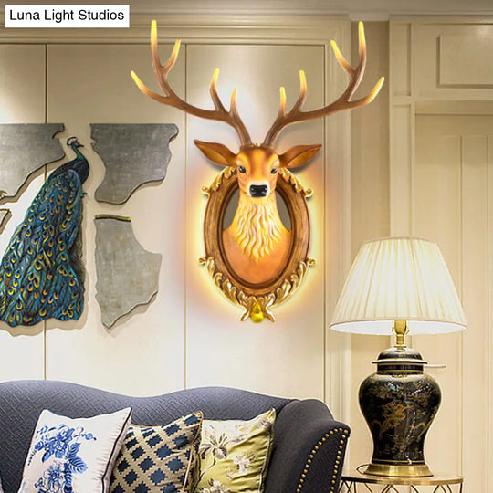 Country Resin Deer Head Sconce Light - Led Wall Mounted Lamp (16/18.5) In Black/White/Wood