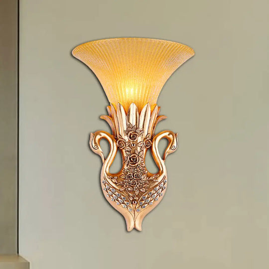 Country Resin Swan Wall Sconce Lamp With Amber Glass Shade And Gold Finish