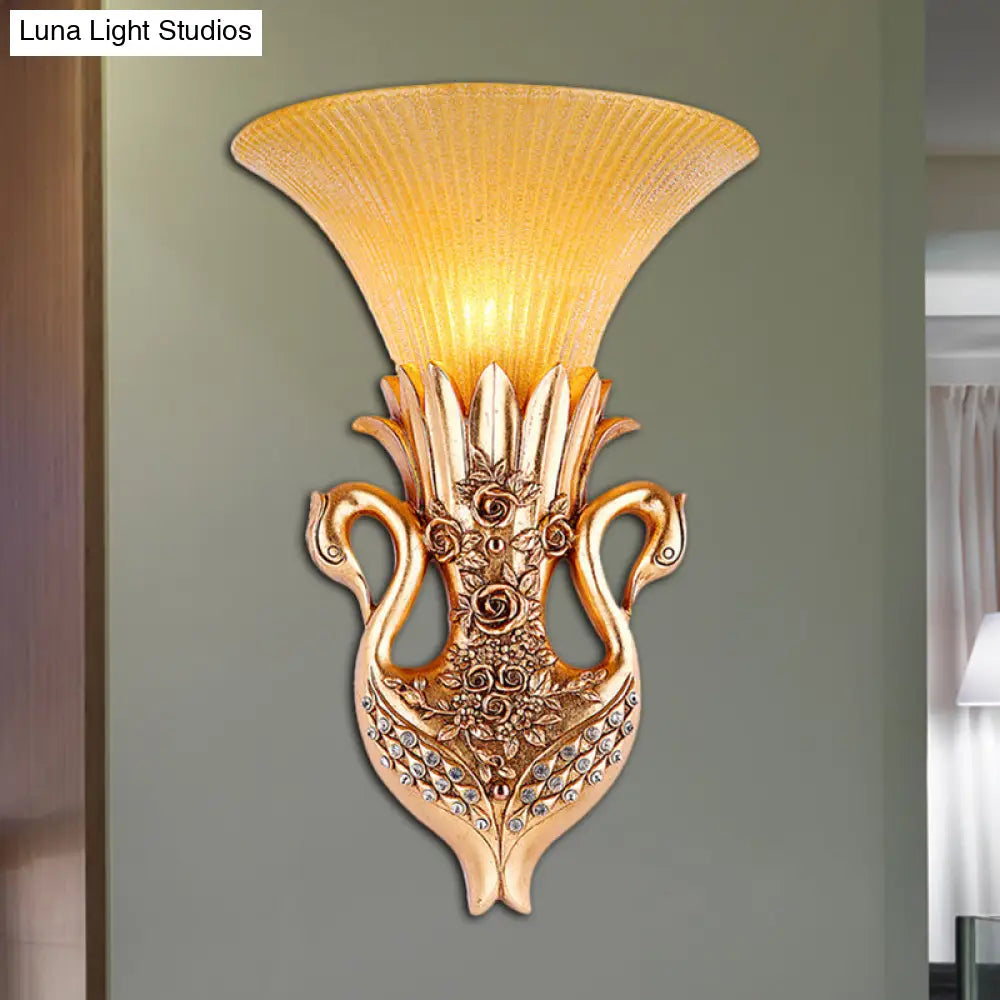 Country Resin Swan Wall Sconce Lamp With Amber Glass Shade And Gold Finish