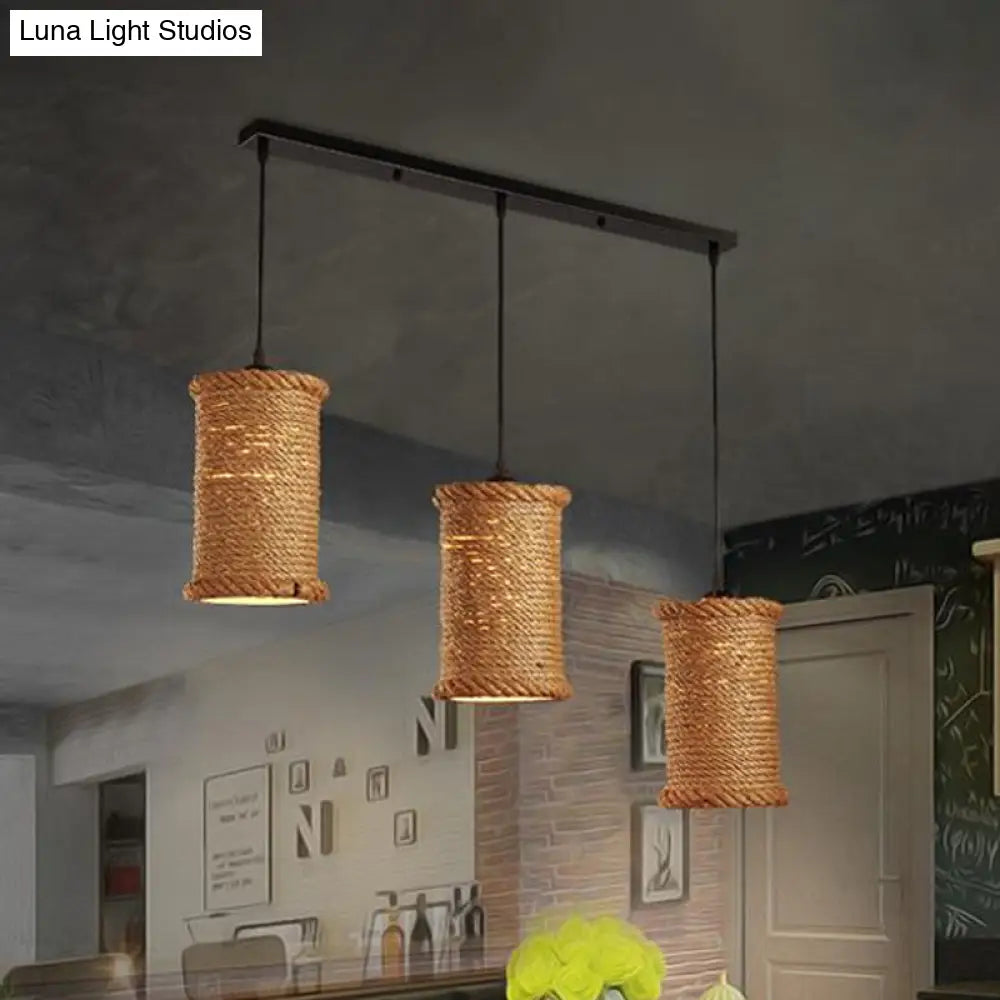 Cylindrical Hanging Dining Room Light - Country Rope Pendant Lamp With Adjustable Cord (Beige 3