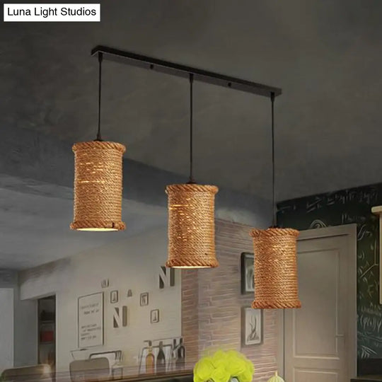 Cylindrical Hanging Dining Room Light - Country Rope Pendant Lamp With Adjustable Cord (Beige 3