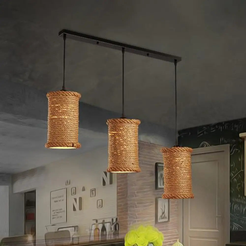 Country Rope Pendant Lamp With Adjustable Cord - Cylindrical Dining Room Ceiling Hanging Light