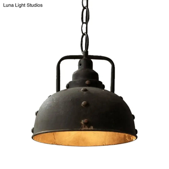 Rustic Style Antique Black Wrought Iron Hanging Pendant Light - 1 Dome Suspension