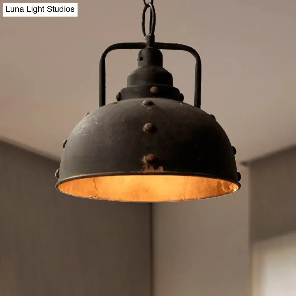 Rustic Style Antique Black Wrought Iron Hanging Pendant Light - 1 Dome Suspension