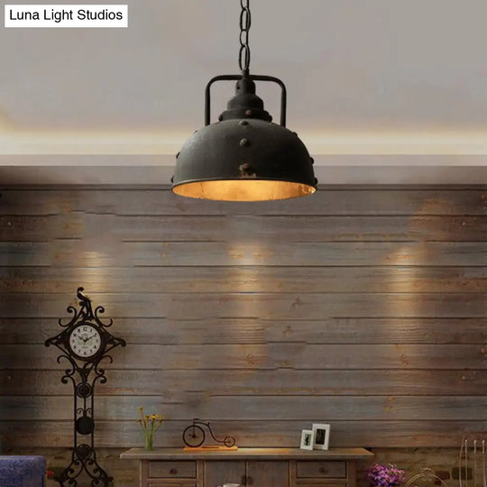 Country Rustic Style Antique Black Wrought Iron Pendant Light – 1-Light Dome Suspension